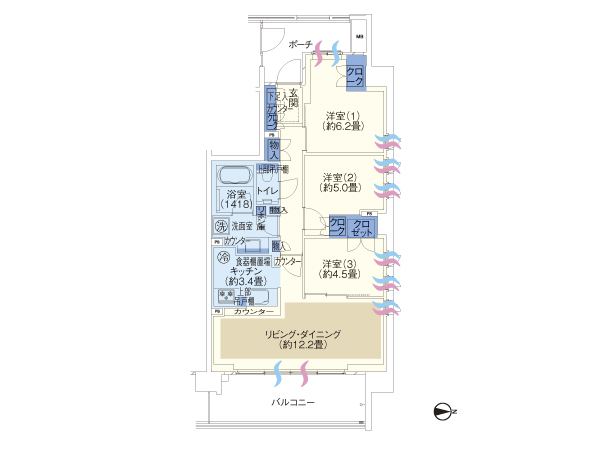 O type 3LDK footprint / 72.1 square meters balcony area / 12 square meters porch area / 6.43 square meters Price / 35,654,625 yen