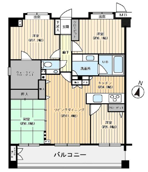 Floor plan. 4LDK, Price 25.6 million yen, Occupied area 91.48 sq m , Balcony area 14.38 sq m