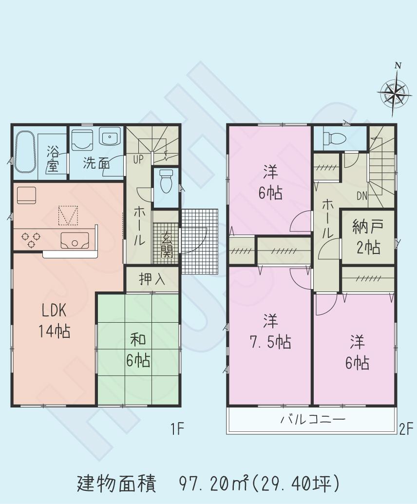 Floor plan. (1 Building), Price 42,800,000 yen, 4LDK, Land area 125.59 sq m , Building area 97.2 sq m