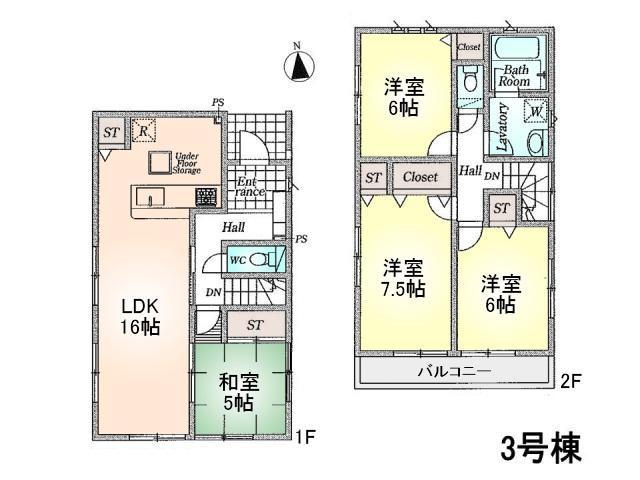 Floor plan. 35,800,000 yen, 4LDK, Land area 124.27 sq m , Building area 94.77 sq m Hino Shinmachi 4-chome Building 3