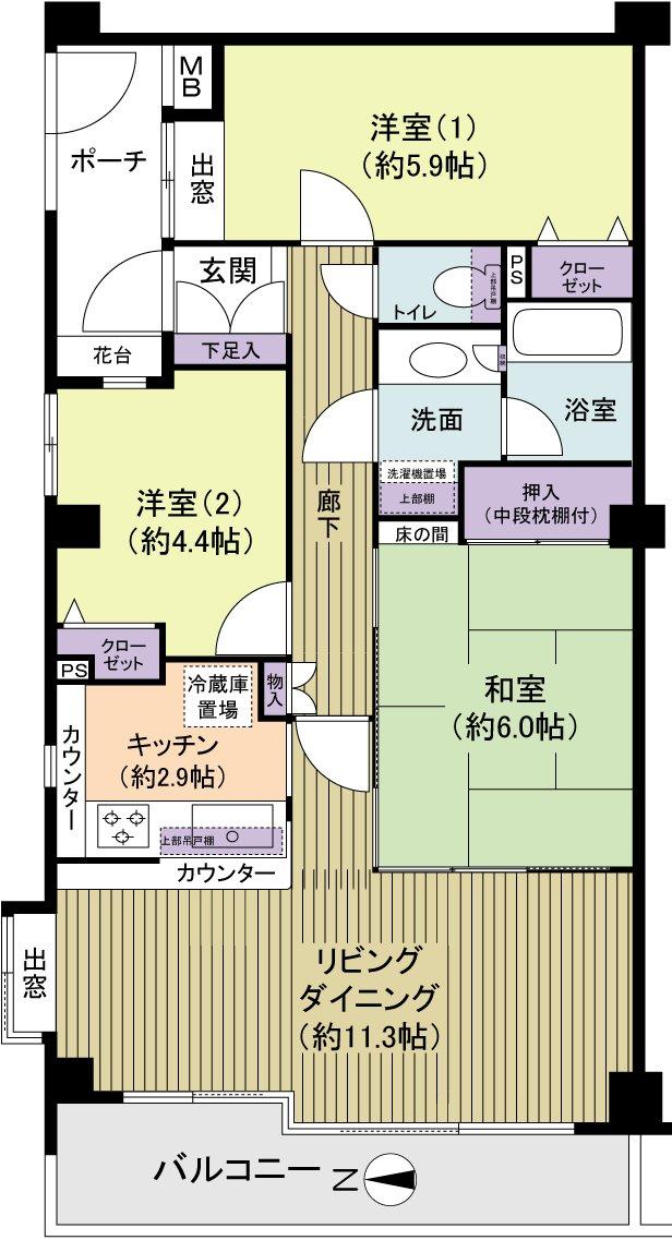 Floor plan. 3LDK, Price 14.9 million yen, Occupied area 65.09 sq m , Balcony area 8.05 sq m 3LDK of green corner room that planting is a view.