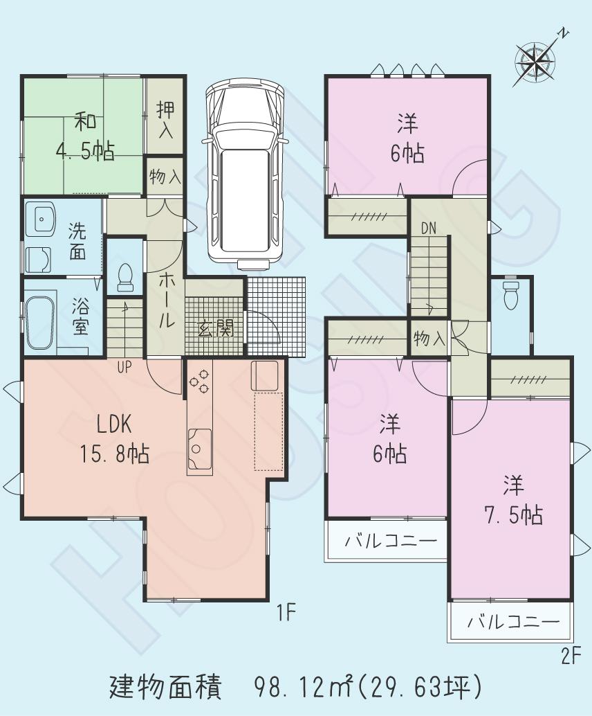 Floor plan. (B Building), Price 45,900,000 yen, 4LDK, Land area 105.54 sq m , Building area 98.12 sq m