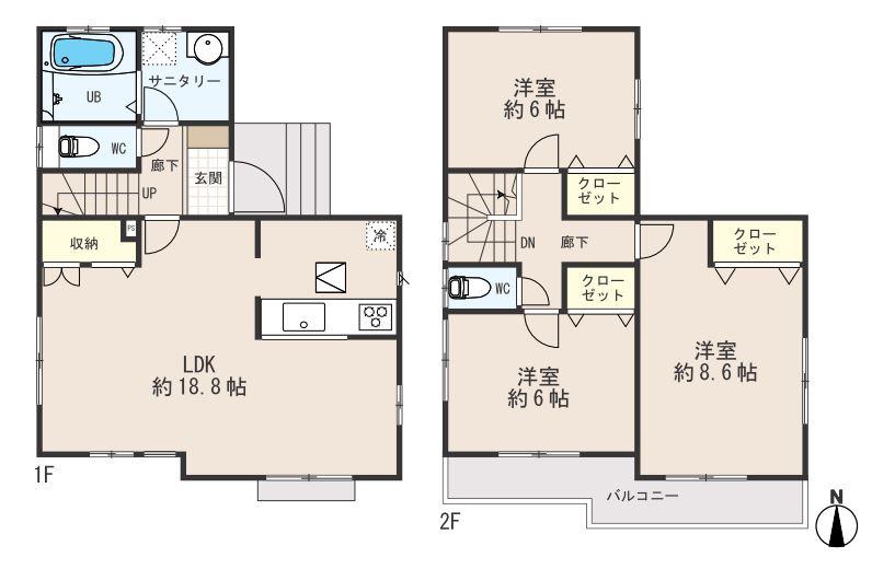 Floor plan. (Building 2), Price 30,800,000 yen, 3LDK, Land area 116.98 sq m , Building area 91.91 sq m