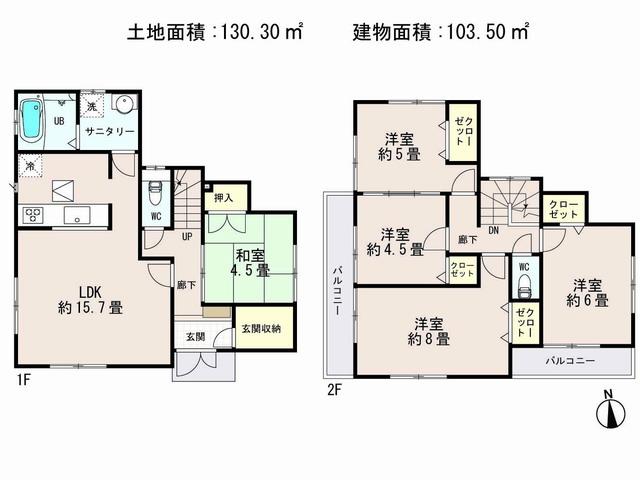 Floor plan. (1 Building), Price 36,800,000 yen, 4LDK, Land area 130.3 sq m , Building area 103.5 sq m