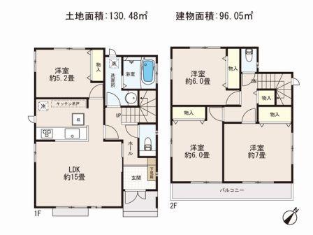 Floor plan. (Building 2), Price 33,800,000 yen, 4LDK, Land area 130.48 sq m , Building area 96.47 sq m