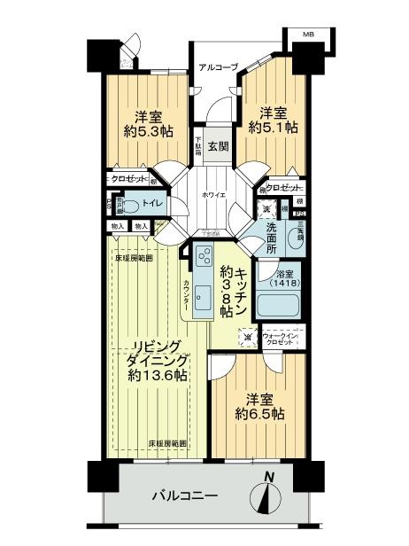 Floor plan. 3LDK, Price 33,500,000 yen, Occupied area 76.51 sq m , Balcony area 12.8 sq m 3LDK Foyer floor plan of each room was arranged in four directions around the (entrance hall)