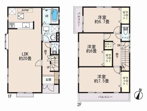 Floor plan. (7 Building), Price 29,800,000 yen, 3LDK, Land area 125.18 sq m , Building area 96.46 sq m