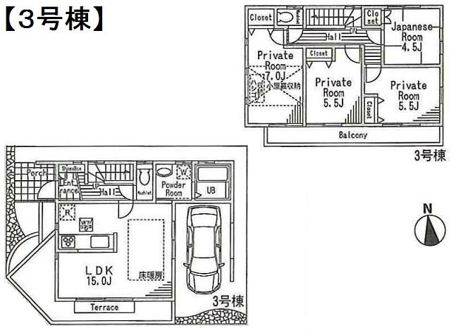 Floor plan. (3 Building), Price 36,800,000 yen, 4LDK, Land area 87.12 sq m , Building area 87.48 sq m