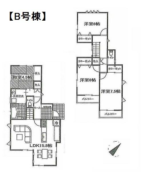Floor plan. (B Building), Price 45,900,000 yen, 4LDK, Land area 105.54 sq m , Building area 98.12 sq m