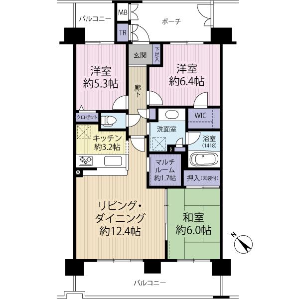 Floor plan. 3LDK, Price 32,800,000 yen, Occupied area 75.43 sq m , Balcony area 16.71 sq m