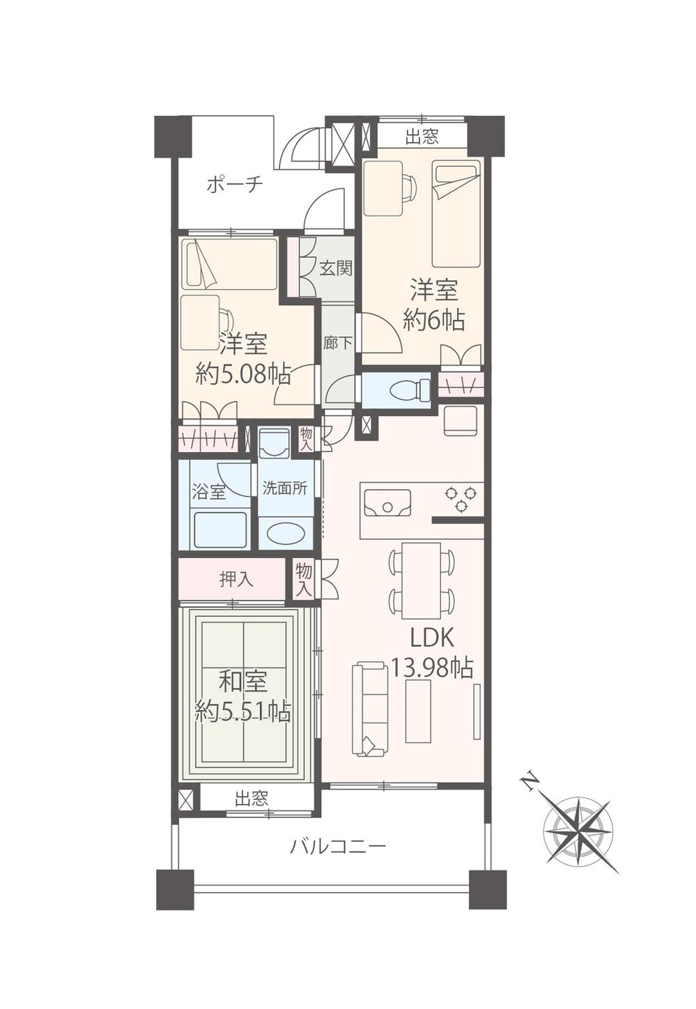 Floor plan. 3LDK, Price 27,800,000 yen, Occupied area 64.24 sq m , Balcony area 10.8 sq m southwest of the bright rooms. It is your very beautiful.