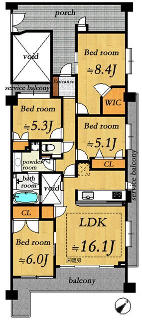Floor plan. 4LDK, Price 27,980,000 yen, Occupied area 91.33 sq m , Balcony area 14.04 sq m