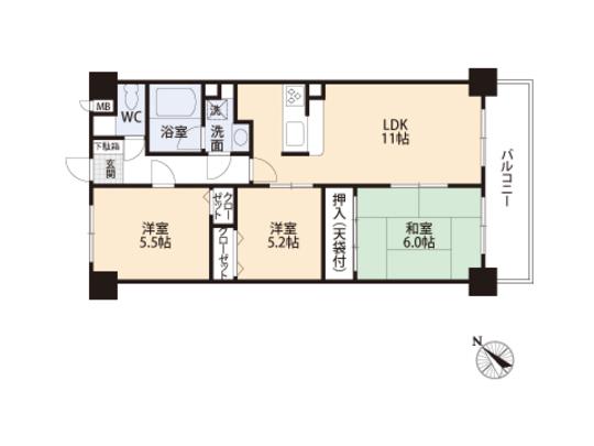 Floor plan. 3LDK, Price 16.8 million yen, Occupied area 57.24 sq m , Balcony area 6.46 sq m floor plan