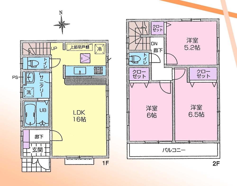 Floor plan. (Building 2), Price 42,800,000 yen, 3LDK, Land area 100.26 sq m , Building area 79.48 sq m