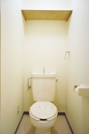 Toilet. There is a shelf at the top