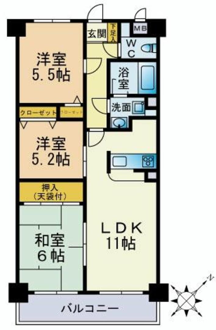 Floor plan. 3LDK, Price 16.8 million yen, Occupied area 57.24 sq m , Balcony area 6.46 sq m face-to-face kitchen, Am I can see how in the dishes also children.