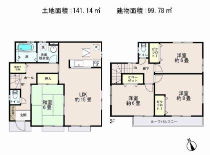 Floor plan. 41,800,000 yen, 4LDK, Land area 141.14 sq m , 4LDK with a building area of ​​99.78 sq m living dining and integrated available Japanese-style room