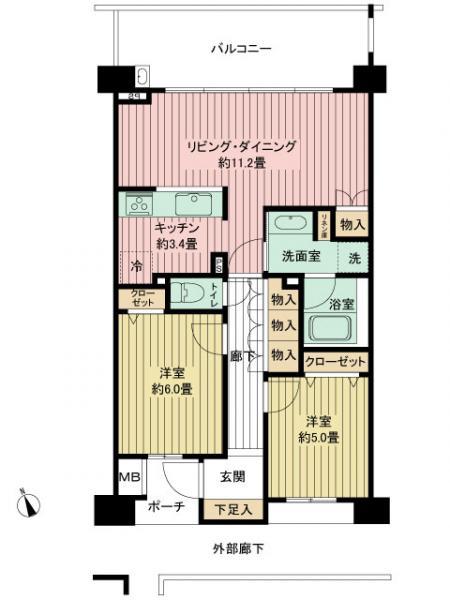 Floor plan. 2LDK, Price 20,900,000 yen, Occupied area 62.09 sq m , Balcony area 12.6 sq m