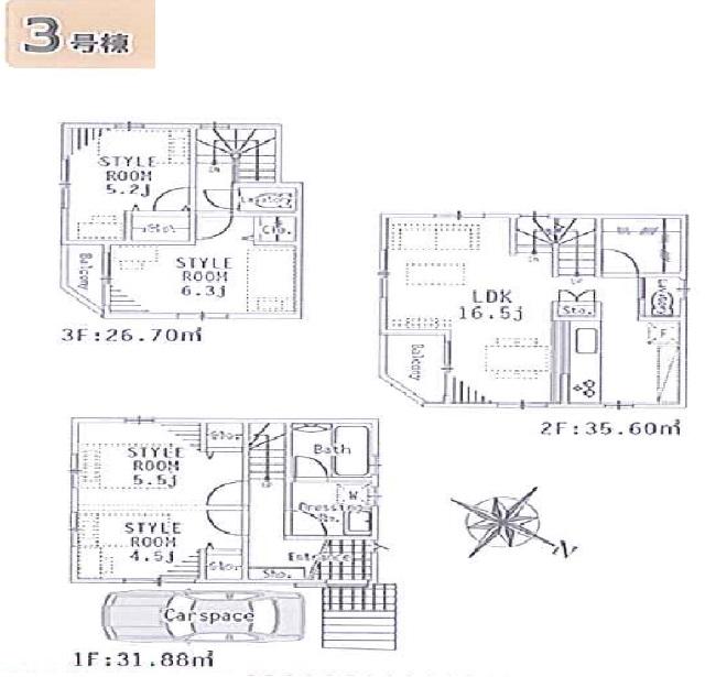 Floor plan. (3 Building), Price 44,900,000 yen, 4LDK, Land area 60.81 sq m , Building area 94.18 sq m