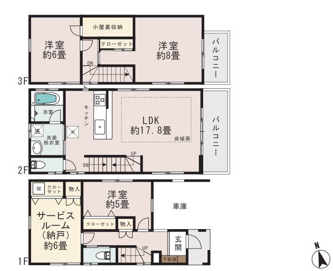 Floor plan. (1 Building), Price 45,800,000 yen, 3LDK+S, Land area 73.2 sq m , Building area 117.57 sq m