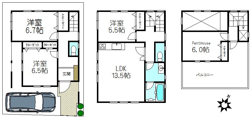 Floor plan. (B Building), Price 48,800,000 yen, 3LDK+S, Land area 70.64 sq m , Building area 97.69 sq m