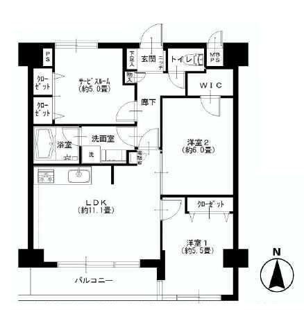 Floor plan. 2LDK + S (storeroom), Price 34,900,000 yen, Occupied area 63.33 sq m , Balcony area 5.66 sq m