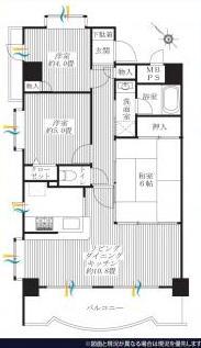 Floor plan. 3LDK, Price 29,800,000 yen, Occupied area 63.41 sq m , Balcony area 9.19 sq m southwest angle dwelling unit Sunshine ・ Ventilation is good. Spacious comfortable space in landscape living a feeling of opening between the Japanese-style More