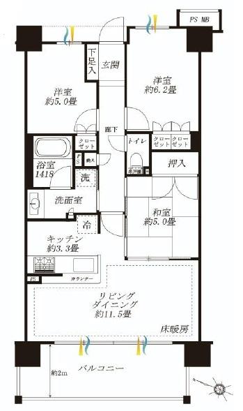 Floor plan. 3LDK, Price 37,900,000 yen, Occupied area 68.84 sq m , Balcony area 12.25 sq m