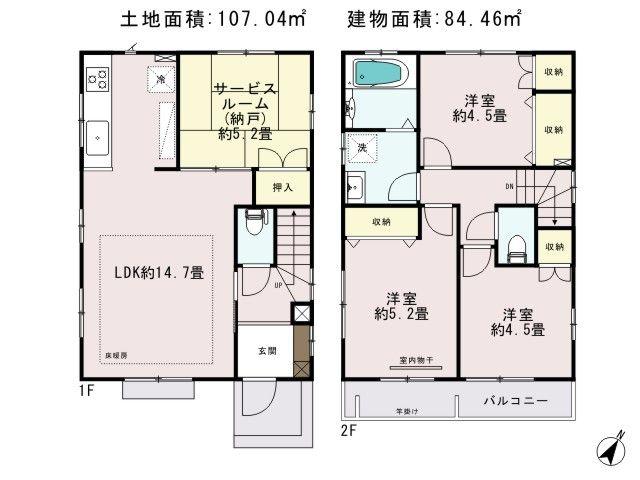 Floor plan. (3 Building), Price 47,900,000 yen, 4LDK, Land area 107.04 sq m , Building area 84.46 sq m