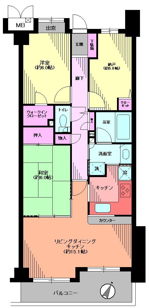 Floor plan. 3LDK, Price 39,800,000 yen, Occupied area 73.84 sq m , Balcony area 9 sq m Floor