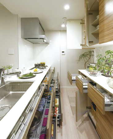 Kitchen.  [Kitchen storage] Smooth soft closing type of drawer. Beginning a convenient swing knife feed, Such as a back counter that can be used as an auxiliary space in cooking, We offer a wide range of space.  ※ Listings back counter ・ Hanging cupboard is optional (E ・ E1 ・ F ・ Except for the H type).