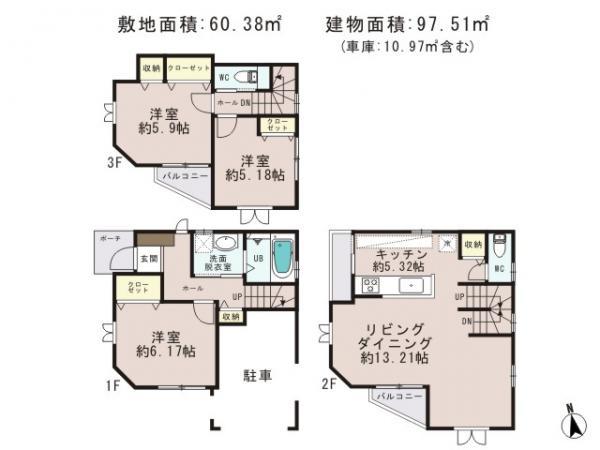 Floor plan. 39,800,000 yen, 3LDK, Land area 60.38 sq m , Building area 97.51 sq m
