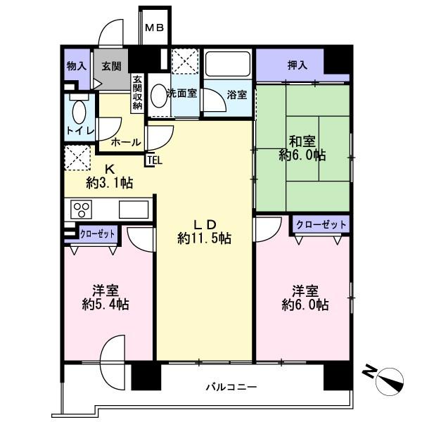 Floor plan. 3LDK, Price 38,800,000 yen, Occupied area 69.16 sq m , Balcony area 11.31 sq m