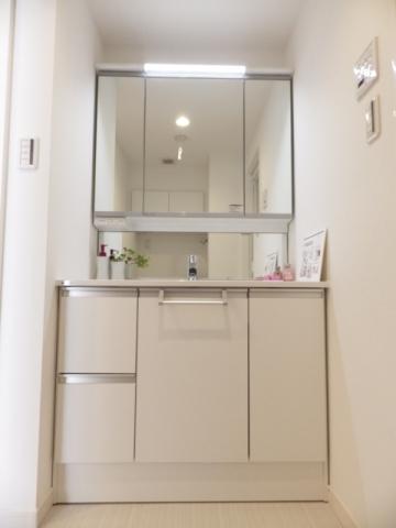 Wash basin, toilet. There is storage capacity in a three-sided mirror.