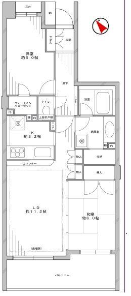 Floor plan. 2LDK, Price 31,800,000 yen, Occupied area 62.43 sq m , Balcony area 10.44 sq m