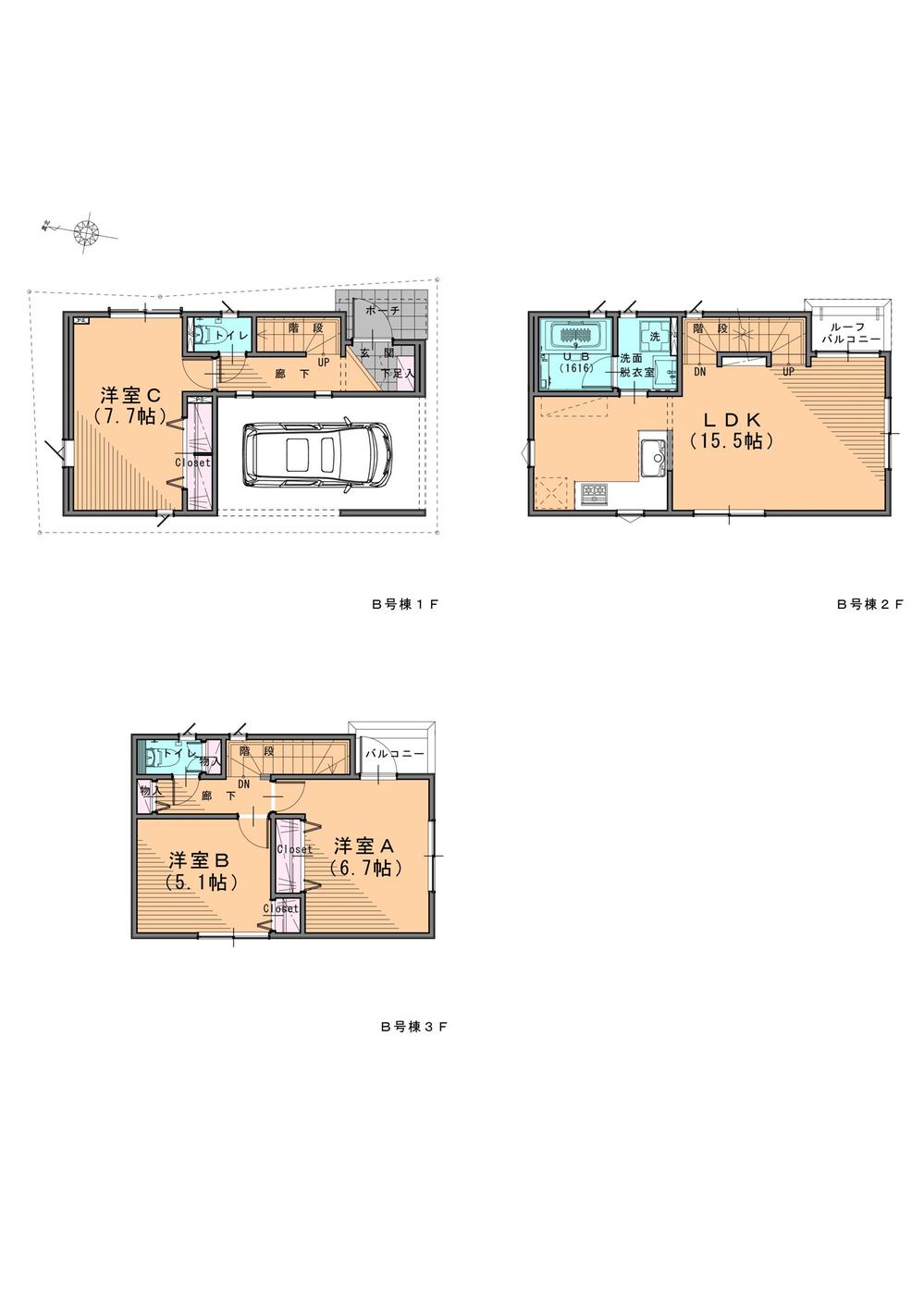 Floor plan. (B Building), Price 42,900,000 yen, 3LDK, Land area 50.45 sq m , Building area 100.5 sq m