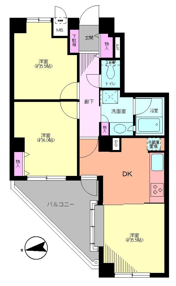 Floor plan. 3DK, Price 19,800,000 yen, Footprint 55.6 sq m , Balcony area 9.87 sq m Floor
