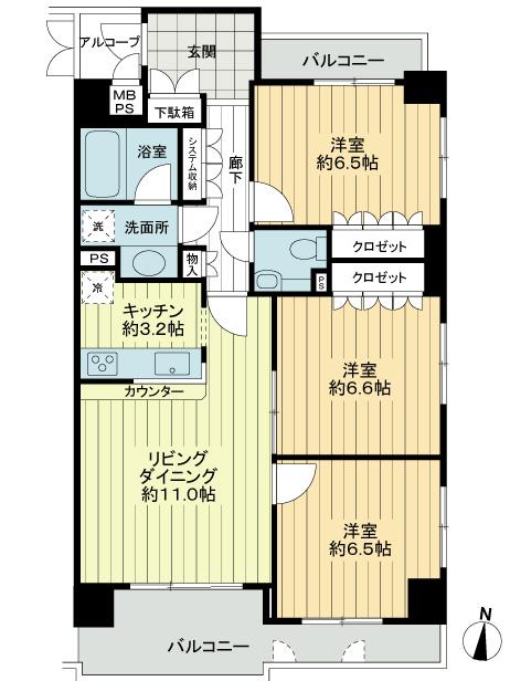 Floor plan. 3LDK, Price 29,800,000 yen, Occupied area 75.83 sq m , Balcony area 12.78 sq m