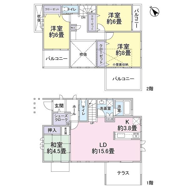 Floor plan. 61,500,000 yen, 4LDK, Land area 160 sq m , Building area 108.47 sq m   ◆ Floor heating in the living room, There atrium ◆ There shoes Croke entrance
