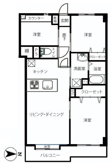 Floor plan. 3LDK, Price 24,800,000 yen, Footprint 62.8 sq m , Balcony area 7.45 sq m