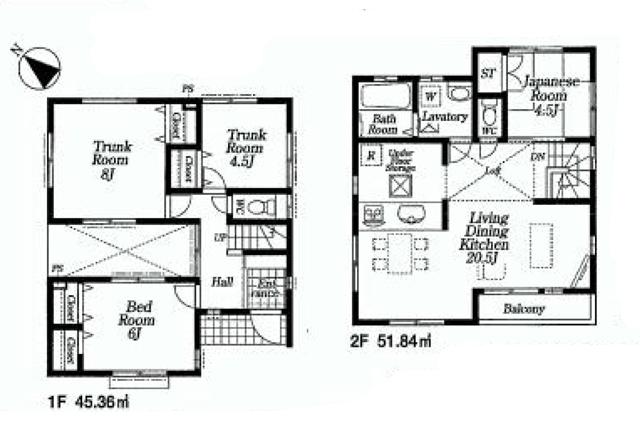 Floor plan. 58,800,000 yen, 2LDK + 2S (storeroom), Land area 133.33 sq m , Building area 97.2 sq m 2 Building
