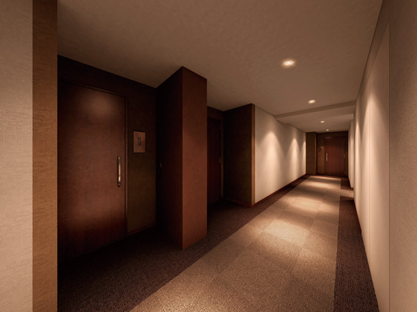 Buildings and facilities. Shared corridor, Hotel is like an inner corridor design. Foster a carpet tile is elegance that was adopted on the floor. With excellent privacy of blocking the line of sight from the outside, Such as not wet on a rainy day, It was also considered to comfort. (Inner corridor Rendering CG)