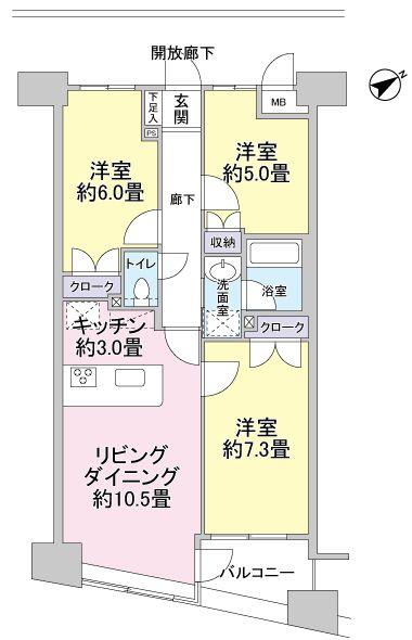Floor plan. 3LDK, Price 39,800,000 yen, Occupied area 68.73 sq m , Balcony area 5.28 sq m