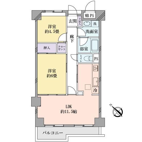 Floor plan. 2LDK, Price 21,800,000 yen, Footprint 54.5 sq m , Balcony area 6.16 sq m