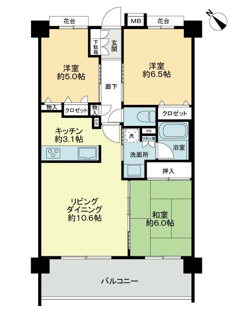 Floor plan. 3LDK, Price 34,800,000 yen, Occupied area 66.62 sq m , Balcony area 11.7 sq m
