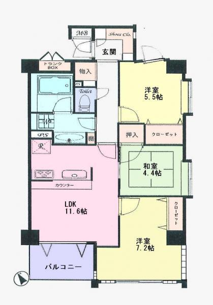 Floor plan. 3LDK, Price 30,800,000 yen, Occupied area 68.63 sq m , Balcony area 5.04 sq m