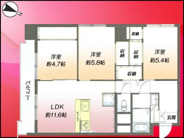 Floor plan. 3LDK, Price 25,980,000 yen, Occupied area 67.51 sq m , Balcony area 6.2 sq m