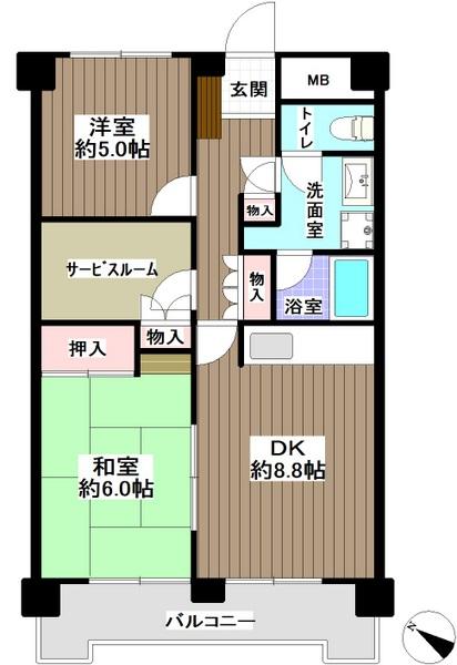 Floor plan. 2DK + S (storeroom), Price 21,800,000 yen, Occupied area 55.98 sq m , Balcony area 9.03 sq m