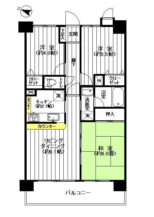 Floor plan. 3LDK, Price 26,800,000 yen, Occupied area 57.23 sq m , Balcony area 8.26 sq m