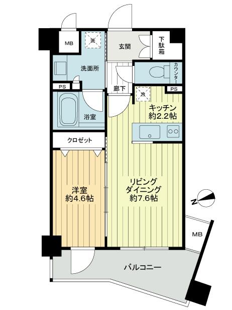 Floor plan. 1LDK, Price 19,800,000 yen, Occupied area 37.52 sq m , Balcony area 7.46 sq m